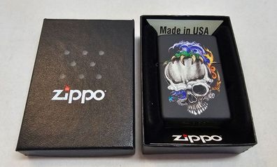 Zippo Feuerzeug Black Mate - Colour Image Skull and Flames