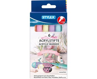 Stylex 32818 Acrylstifte 6 Pastellfarben Stein Glas Porzellan Stoff