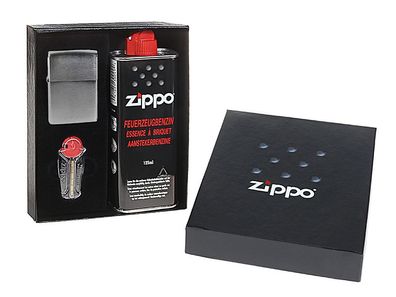 Zippo Feuerzeug Geschenkset chrom gebürstet Feuersteine Benzin Geschenkbox