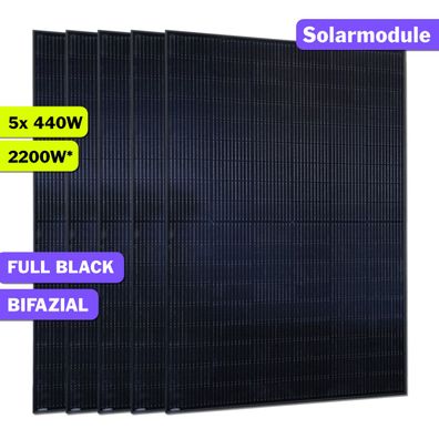 5x 440W JA SOLAR Glas-Glas Solarmodul Bifazial Full Black