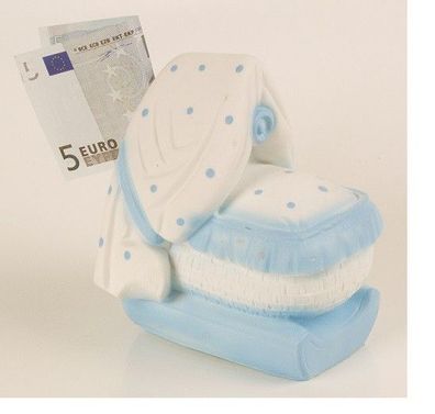 Spardose Wiege, Kunststoff mit Schloss - hellblau