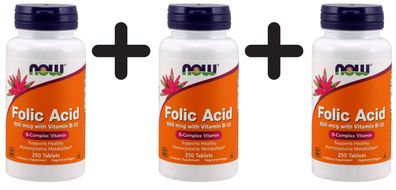3 x NOW Foods Folic Acid, 800mcg with Vitamin B12 - 250 tabs