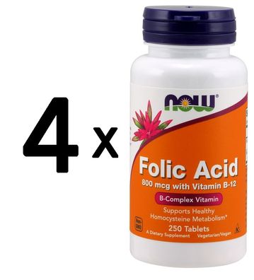 4 x NOW Foods Folic Acid, 800mcg with Vitamin B12 - 250 tabs