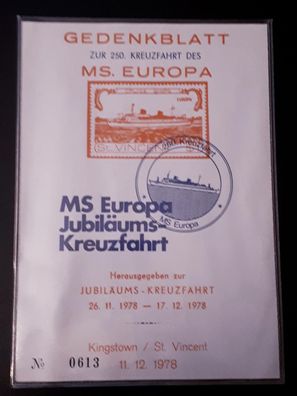 Gedenkblatt zur 250. Kreuzfahrt des MS Europa 1978