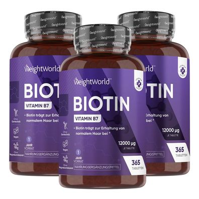 Biotin Tabletten - 365 vegane Tablets für 1 Jahr Vorrat - Von WeightWorld -3 Flaschen