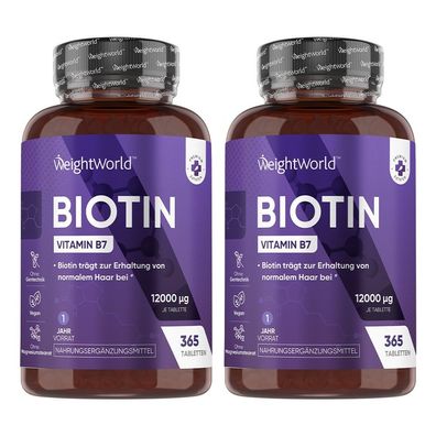 Biotin Tabletten - 365 vegane Tablets für 1 Jahr Vorrat - Von WeightWorld -2 Flaschen