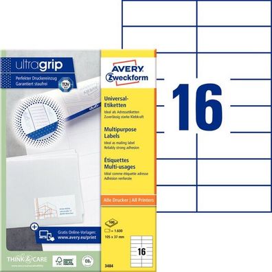 Zweckform 3484 Universal-Etiketten ultragrip - 105 x 37 mm, weiß, 1.600 Etiketten,