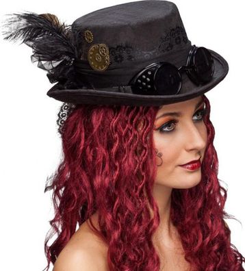 Zylinder Steampunk schwarz mit Brille 58cm
