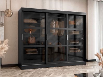 Kleiderschrank mit Schubladen Norlio 250 Glas Kleiderstange Schiebetürenschrank M24