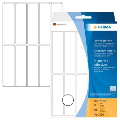 Herma 2420 Haftetiketten 20 x 75 mm weiß 32 Blatt 320 Etiketten skl. NEU & OVP