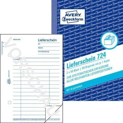 Avery Zweckform Lieferschein 724 A6 2x50Blatt mit Blaupapier Formular