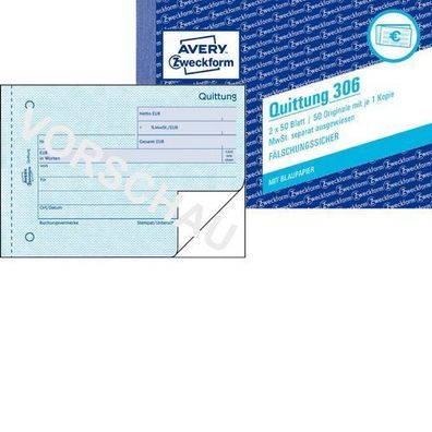 Avery Zweckform 306 Quittung A6 quer mit MwSt 2x50 Blatt