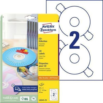 Avery Zweckform L6043-25 CD-Etiketten 117mm weiß Inkjet