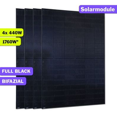 4x 440W JA SOLAR Glas-Glas Solarmodul Bifazial Full Black