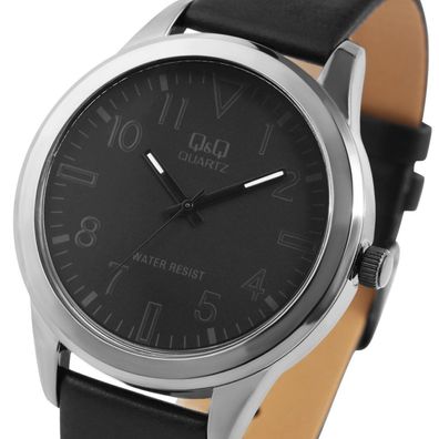 Q&Q by Citizen Herren Uhr 3 Bar Wasserdicht Lederband Schwarz Silber Mineralglas