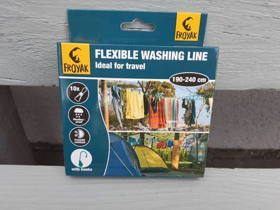 NEU flexible Wäscheleine 190-240 cm mit Klammern blau für Camping Festival Reise