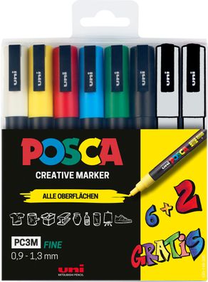 Posca Marker-Set PC-3M feine Rundspitze - 6 + 2 Set