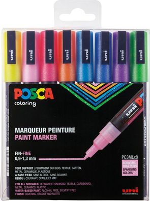 Posca Marker-Set PC-3M fein - 8er Etui - Glitter Farben