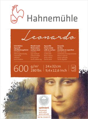 Hahnemühle Echt-Bütten Aquarellblock Leonardo satiniert, 600g/m², 10 Blatt, 24x 32 cm