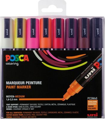 Posca Marker-Set PC-5M mittelfeine Rundspitze - 8er Etui Warme Farben