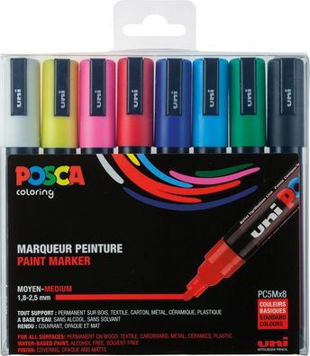 Posca Marker-Set PC-5M mittelfeine Rundspitze - 8er Etui Grundfarben