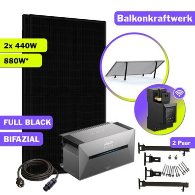 880W Balkonkraftwerk Bifazial mit Anker Solarbank 2 Pro & Halterung Komplettset