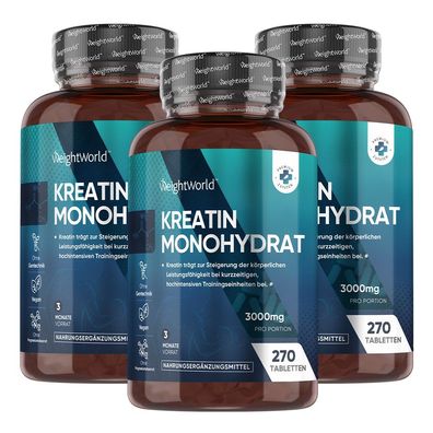 Dreifachpack: Kreatin Monohydrat - 3x 270 Tabs - Hochdosiert für Fitness