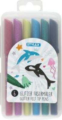 6 Glitzer Fasermaler Filzstifte glitter Fasermalstifte STYLEX 64016 Glitzerstift