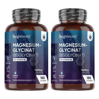 2er Pack: Magnesium Glycinat - 180 Vegane Kapseln - Unterstützung für Muskeln & Nerve