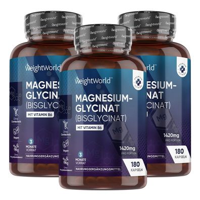 Dreifachpack: Magnesium Glycinat - 180 Vegane Kapseln - Unterstützung für den Stoffwe