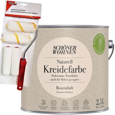 2,5L Schöner Wohnen Naturell Kreidefarbe Rosenduft, Dezentes Hellrosa + Farbroller-Se