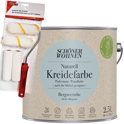 2,5L SW Naturell Kreidefarbe Bergseeruhe, elles Blaugrau+Farbroller-Set