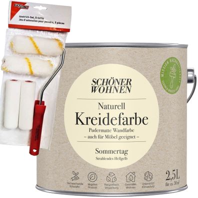 2,5L Schöner Wohnen Naturell Kreidefarbe Sommertag, Strahlendes Hellgelb + Farbroller