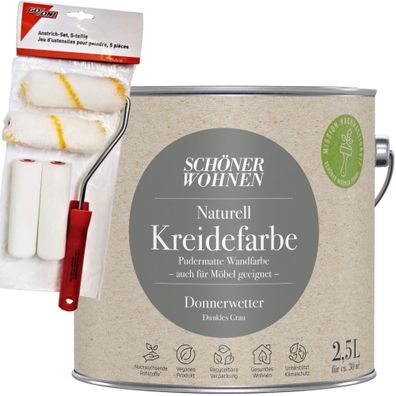 2,5L Schöner Wohnen Naturell Kreidefarbe Donnerwetter, Dunkles Grau + Farbroller-Set