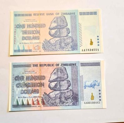 Simbabwe 2008/1 x 100 Trillion $ + 1 x Quintillion/AA Banknote/ BF/UNC(1802242)