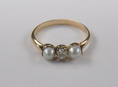 2x Perle + Diamant Rose Altschliff 0.25 Carat Solitär Ring 585 Gold Antik