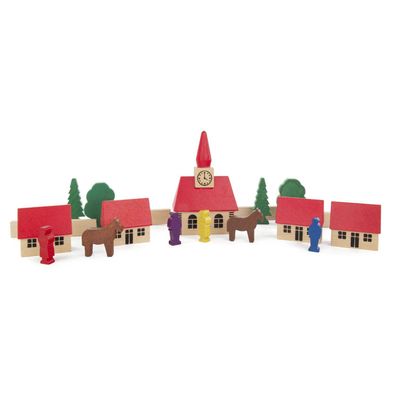 Holzspielzeug Spielzeugdorf mit Kirche bunt Höhe ca. 9cm NEU Bausteine Bauklöt