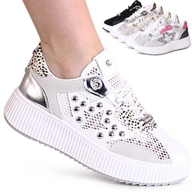 topschuhe24 3132 Damen Plateau Sneaker Stars Skater Turnschuhe Mesh