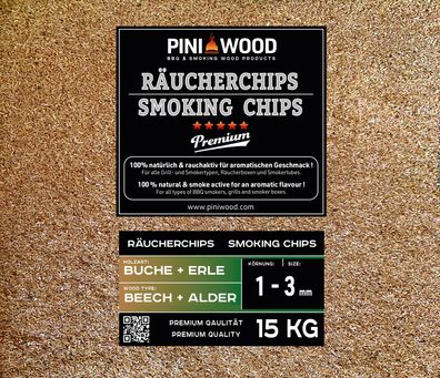 PINI 15 Kg Räucherchips Buche und Erle gemischt 1-3 mm Smoking Chips Räucherspäne