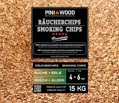 PINI 15 Kg Räucherchips Buche und Erle gemischt 4-6 mm Smoking Chips Räucherspäne