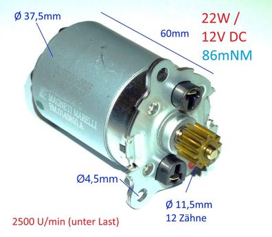 22W 12V DC Elektromotor Magnetti Marelli mit Ritzel und Flansch 2500 rpm 86NM