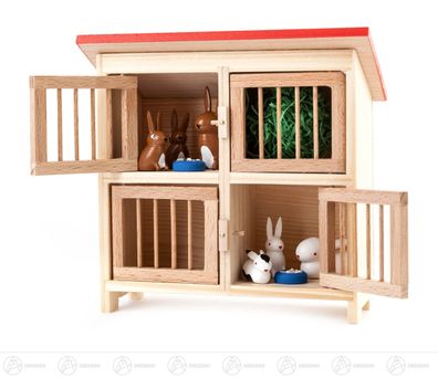 Miniatur Großer Hasenstall mit Hasen (9) H=ca 12 cm NEU Erzgebirge Holzfigur