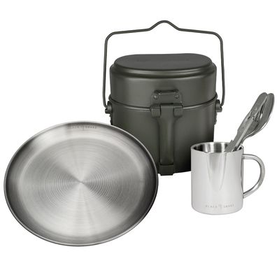 Black Snake® Kochgeschirr mit flachem Edelstahl Camping Teller und Besteck plus Tasse