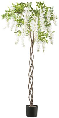 Kunstpflanze Wisteria 170cm in Weiß mit Geflochtenem Stamm