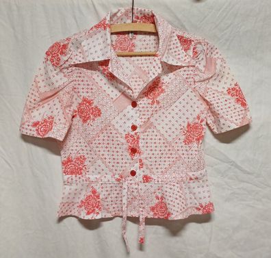 TRU Blouse Damen Gr. 36 Bluse kurzarm rot weiß florales Muster knöpfen * E1*