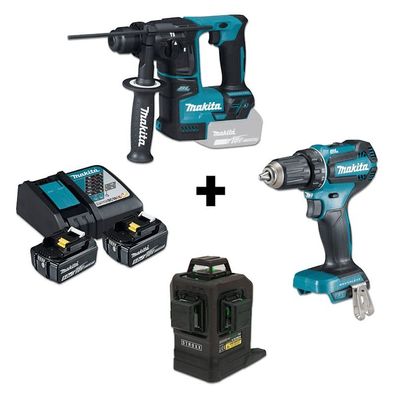 Makita Akku-Bohrschrauber DDF485RTJ + DHR171Z + Kreuzlinienlaser 18V MAX 3D + Adapter