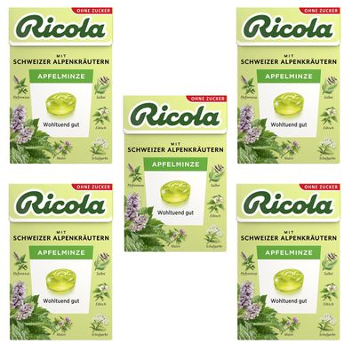 Ricola Apfelminze ohne Zucker im Böxli mild frisch 50g 5er Pack