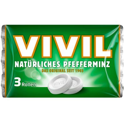 Vivil Pastillen mit natürlichem Pfefferminz 3 Bonbon Rollen 84g