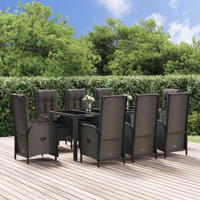 vidaXL 9-tlg. Garten-Essgruppe mit Kissen Schwarz Poly Rattan