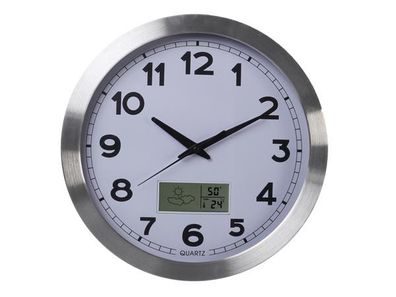 Aluminium Wanduhr mit LCD Display und Thermometer, Hygrometer & Wettervorhersage Ø